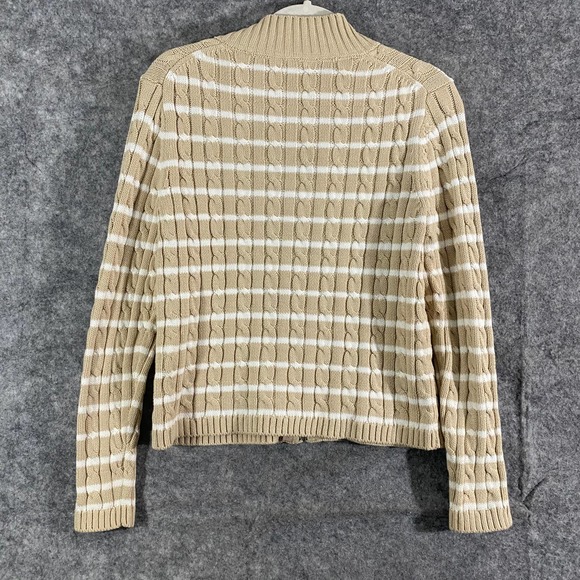 LL Bean Womens Jacket Medium Petite Beige Stripe Cable Knit Full Zip Long Sleeve - Picture 2 of 8